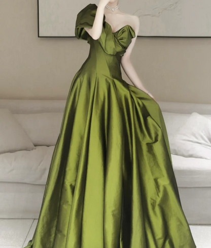 A- Line V Neck Satin Green Long Prom Dress, Green Long Formal Dress ED033