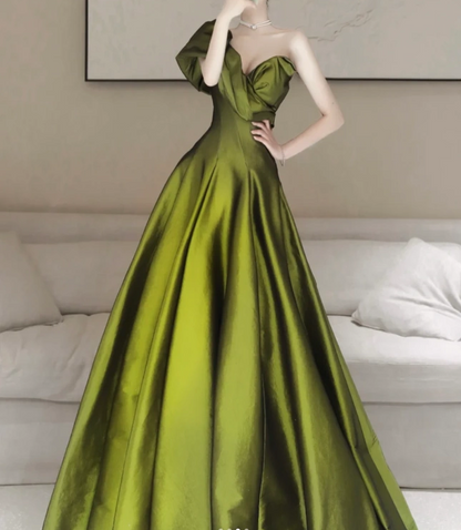 A- Line V Neck Satin Green Long Prom Dress, Green Long Formal Dress ED033