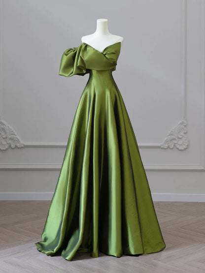 A- Line V Neck Satin Green Long Prom Dress, Green Long Formal Dress ED033