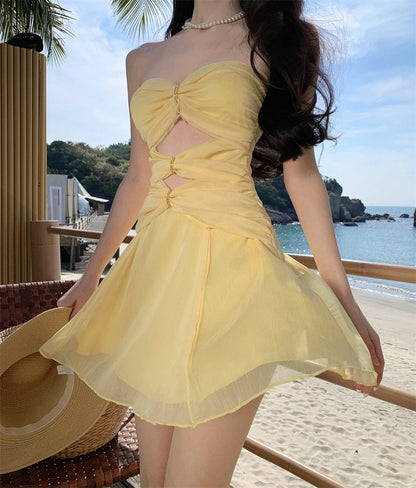 Chic Yellow A-Line Tulle Strapless Beach Holiday Short Dress ED03300