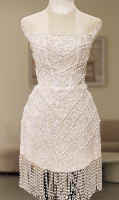 Gorgeous White Sheath Beaded Short Prom Dresses, Strapless Evening Gown ED03302