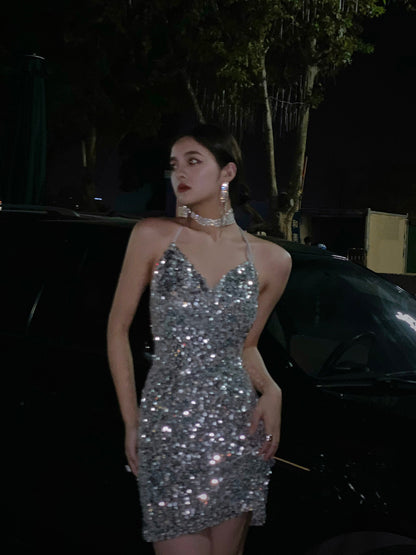 Silver Sheath Halter Sequin Sparkling Short Party Dress, Fashion Homecoming Dress ED03303
