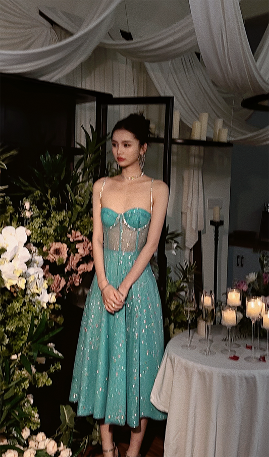 Sparkling Blue A-Line Spaghetti Strap Long Prom Dresses, Rhinestones Sweet 16 Dress ED03308