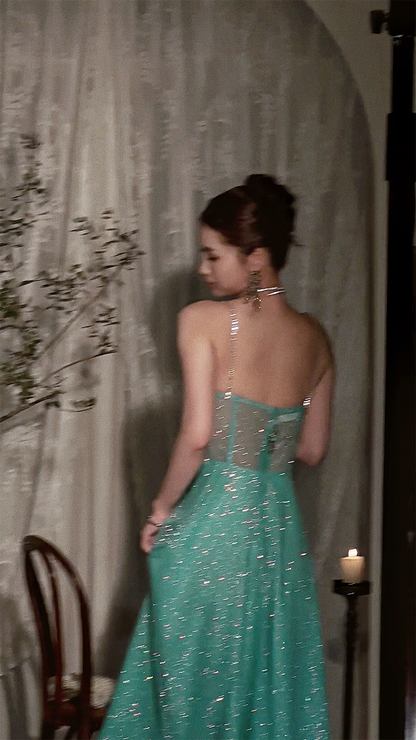 Sparkling Blue A-Line Spaghetti Strap Long Prom Dresses, Rhinestones Sweet 16 Dress ED03308