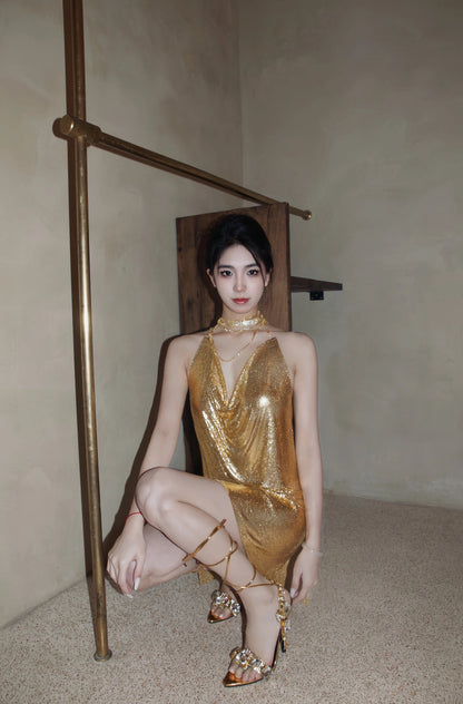 Chic Gold Sheath Spaghetti Strap Backless Short Evening Dress, Fashion Party Dress ED03310