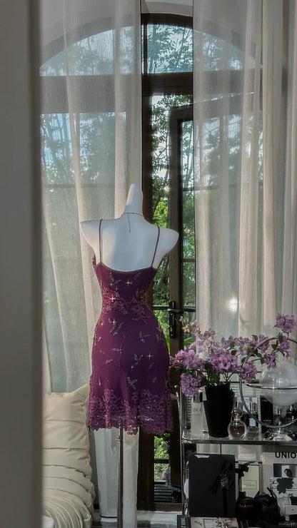 Vintage Grape Purple Sheath Spaghetti Strap Chiffon Short Prom Dresses with Beading ED03311