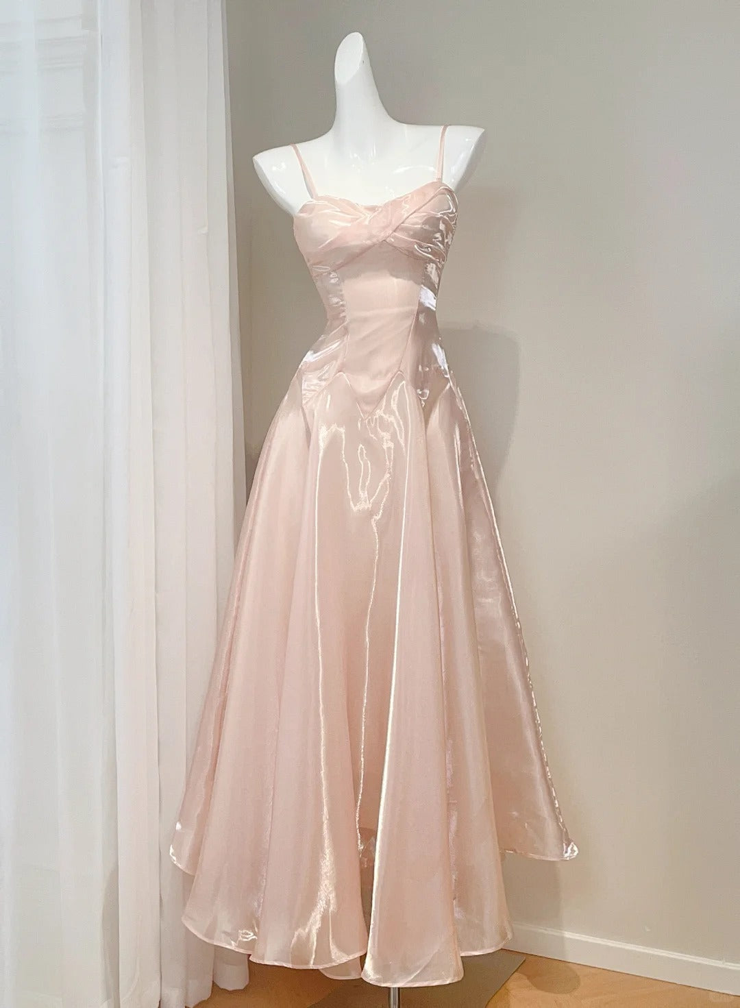 Gorgeous Pink Spaghetti Strap A-Line Satin Long Prom Dresses, Sweet 16 Dress ED03315
