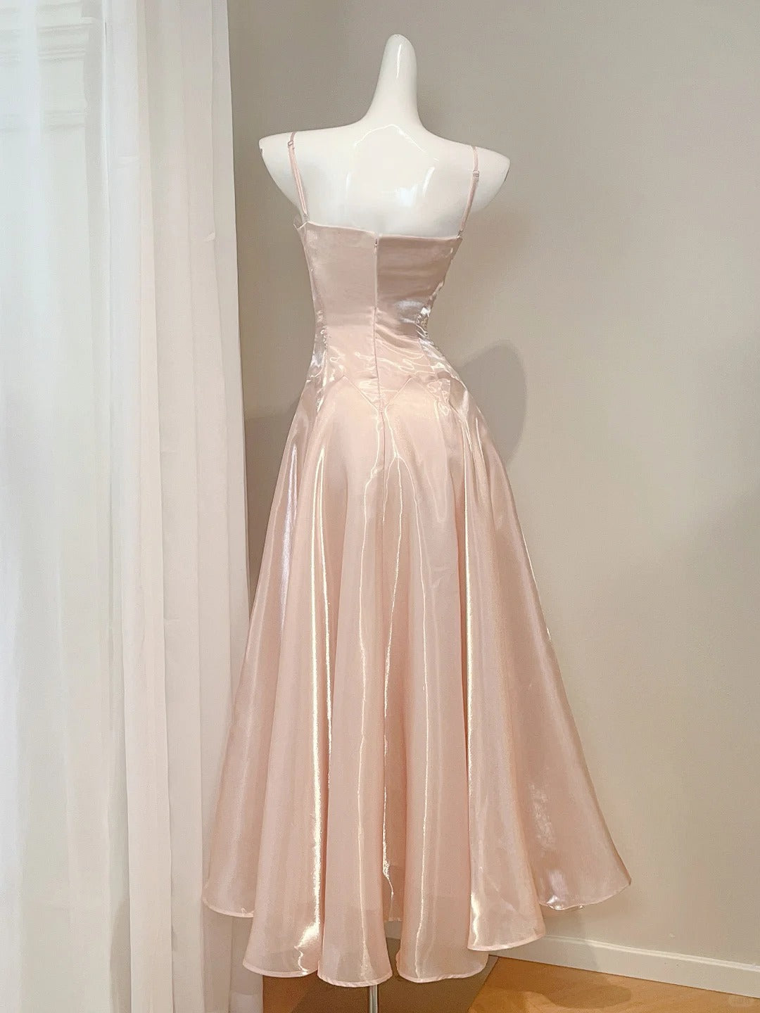 Gorgeous Pink Spaghetti Strap A-Line Satin Long Prom Dresses, Sweet 16 Dress ED03315