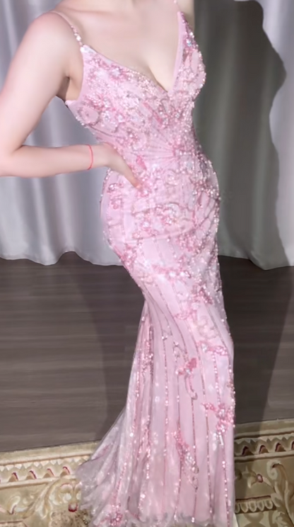 Vintage Pink Spaghetti Strap Mermaid Tulle Beaded Long Prom Dresses,Formal Evening Gowns ED03317