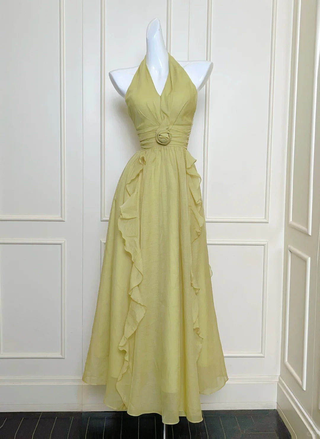 Olive Green Halter Neck A-Line Chiffon Ruffles Long Prom Dresses, Sweet 16 Dress ED03318