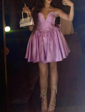 Chic Pink V-neck A-Line Satin Short Prom Dresses, Fashion Homecoming Dress ED03326