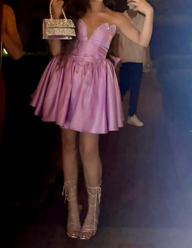 Chic Pink V-neck A-Line Satin Short Prom Dresses, Fashion Homecoming Dress ED03326