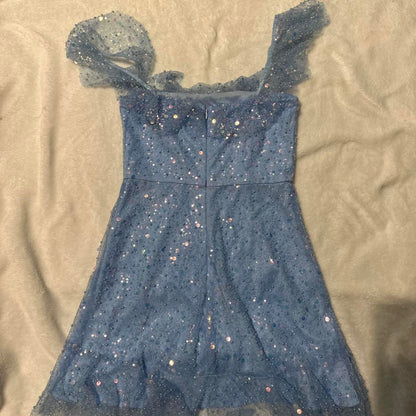 Gorgeous Sky Blue Square Neck Sheath Tulle Beaded Short Homecoming Dresses ED03331