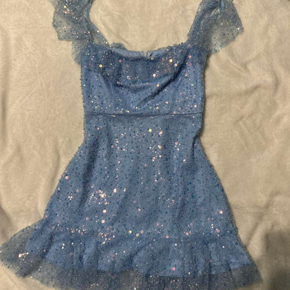 Gorgeous Sky Blue Square Neck Sheath Tulle Beaded Short Homecoming Dresses ED03331