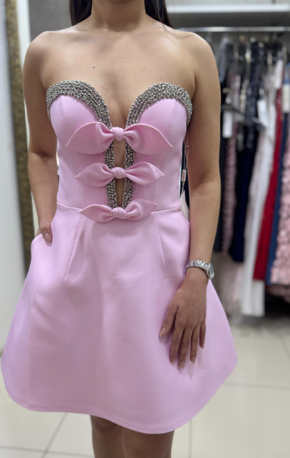 Glamour Pink Strapless A-Line Satin Beaded Short Homecoming Dress, Sweet 16 Dress ED03335