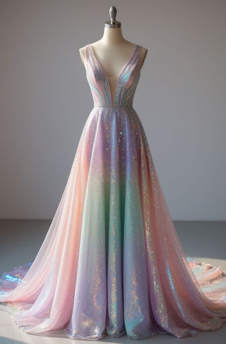 Glamour Colorful V-neck A-Line Quinceañera Dress Glitter Tulle Long Prom Dresses, Sweet 16th Birthday Dress ED03340