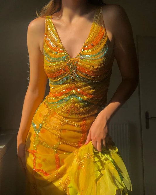 Retro Yellow Two-piece Long Prom Dresses Tulle Birthday Dress with Sequins ED03341