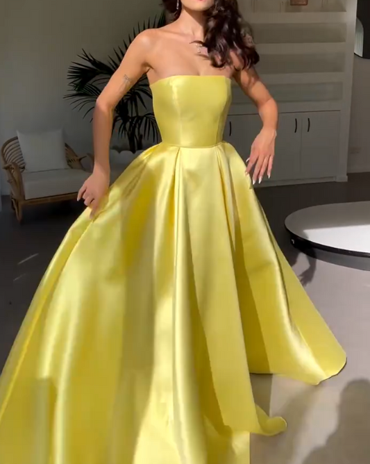 Elegant Yellow Strapless A-Line Satin Long Prom Dresses, Glam Formal Evening Gowns ED03342