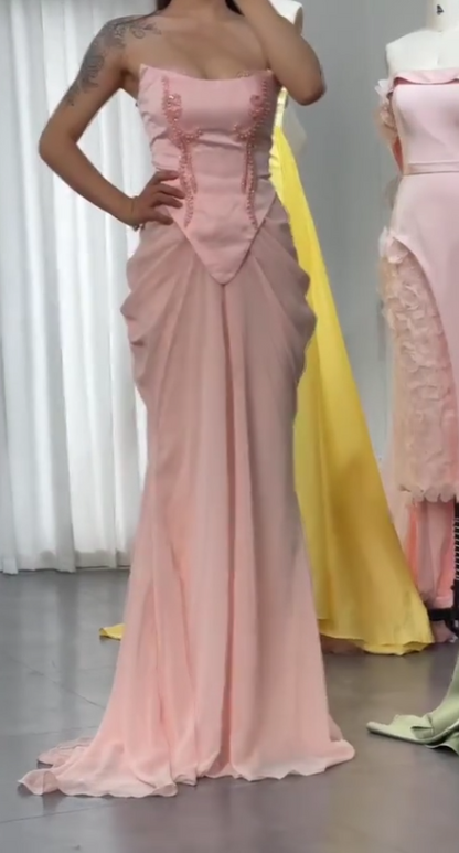 Fairytale Pink Strapless Mermaid Satin Chiffon Long Prom Dresses, Elegant Formal Evening Gowns with Beading ED03343