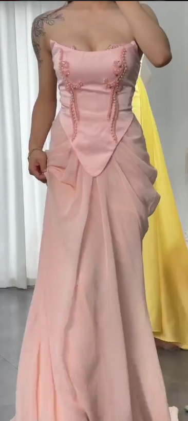 Fairytale Pink Strapless Mermaid Satin Chiffon Long Prom Dresses, Elegant Formal Evening Gowns with Beading ED03343