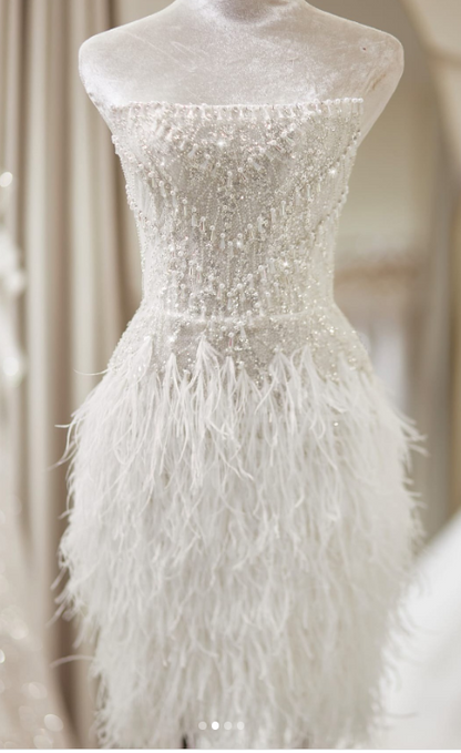 Gorgeous White Sheath Strapless Short Homecoming Dress, Elegant Beaded Wedding Dress ED03347