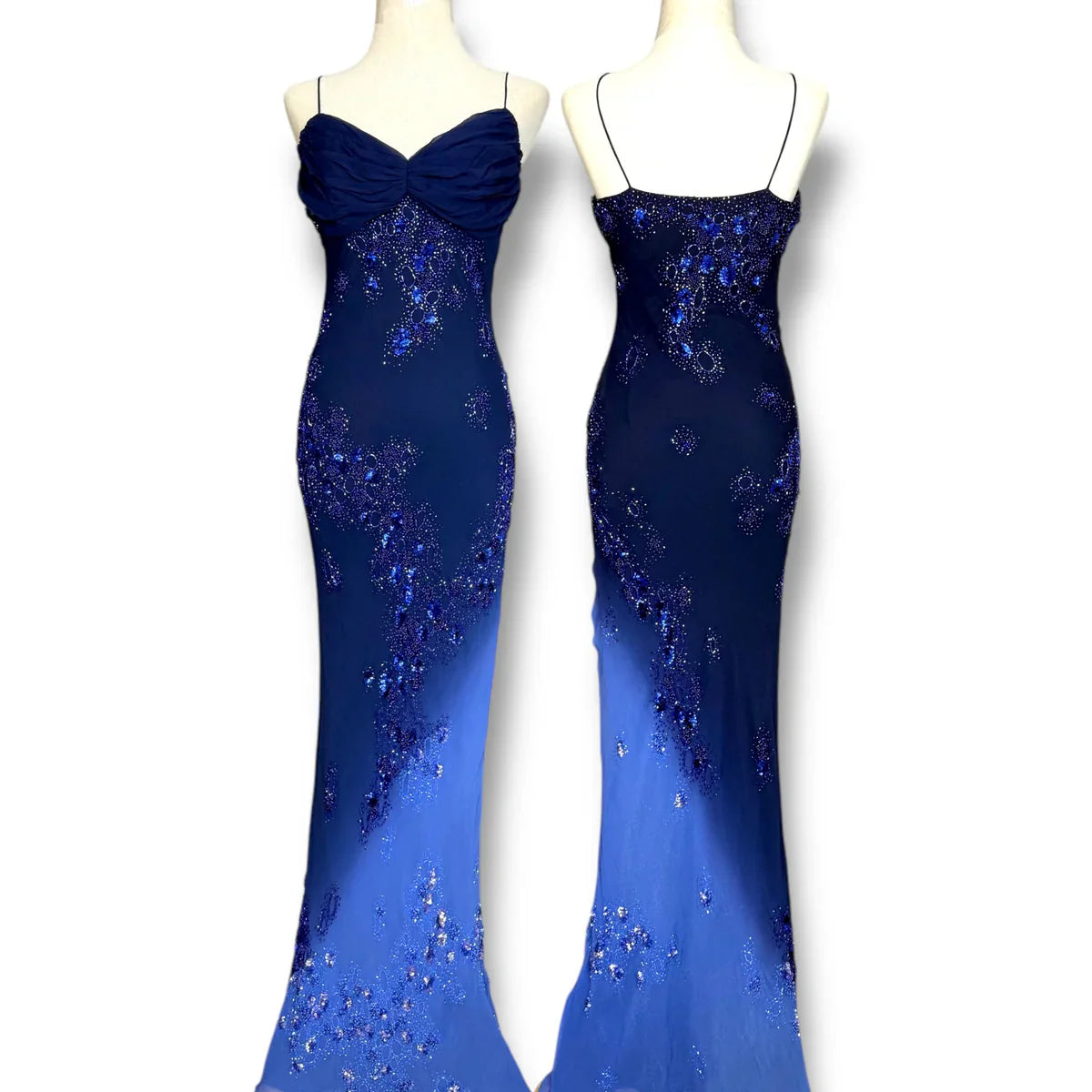 Glamour Navy Blue Spaghetti Straps Sheath Beaded Chiffon Long Prom Dresses, Vintage Evening Gowns ED03349