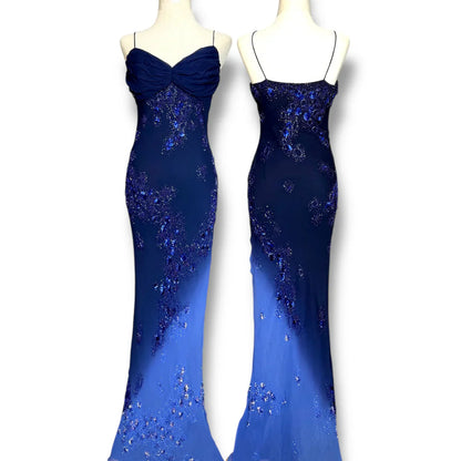 Glamour Navy Blue Spaghetti Straps Sheath Beaded Chiffon Long Prom Dresses, Vintage Evening Gowns ED03349