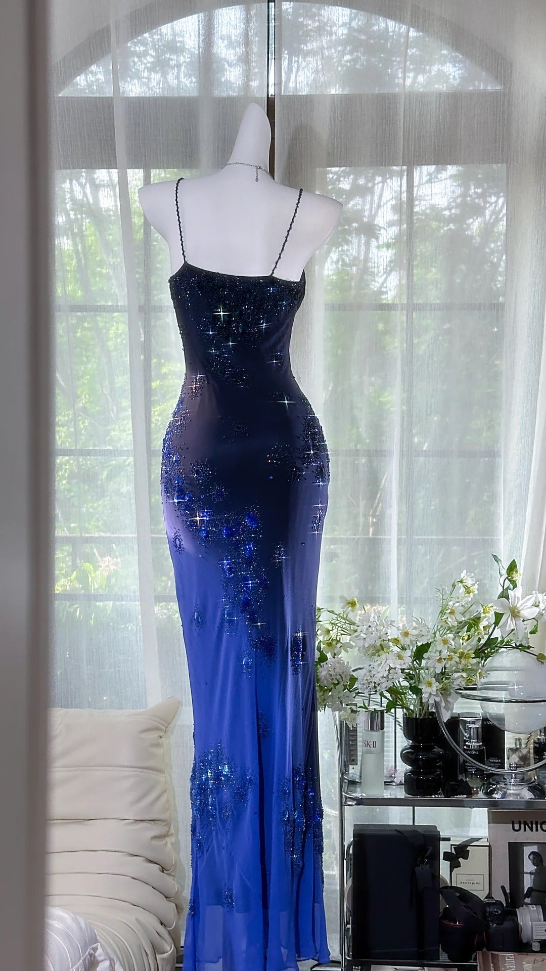 Glamour Navy Blue Spaghetti Straps Sheath Beaded Chiffon Long Prom Dresses, Vintage Evening Gowns ED03349