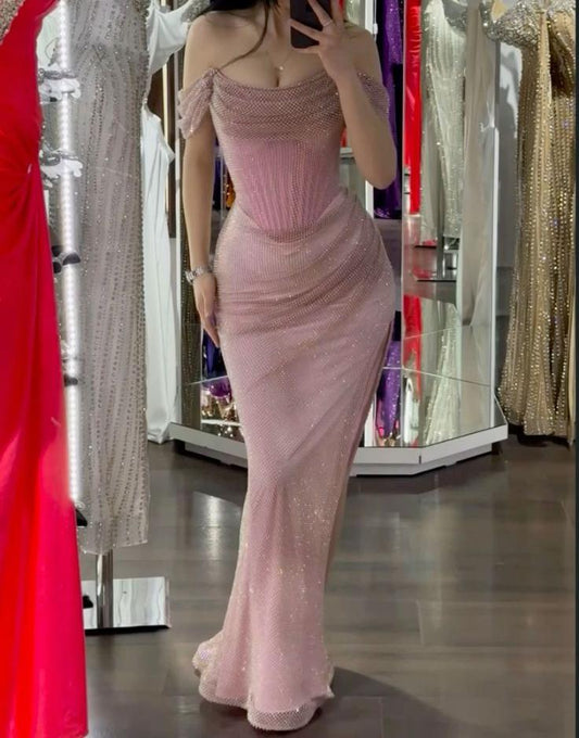Fairytale Pink Sheath Off-shoulder Long Prom Dresses, Formal Evening Dresses with Slits ED03350