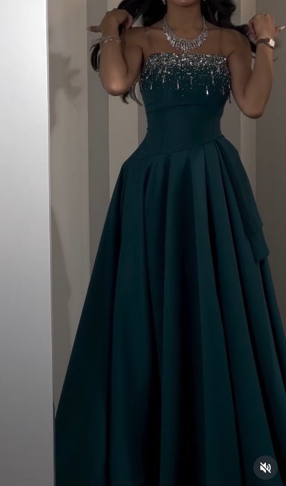 Elegant Jade A-Line Satin Beaded Long Prom Dresses, Strapless Formal Evening Gowns ED03352
