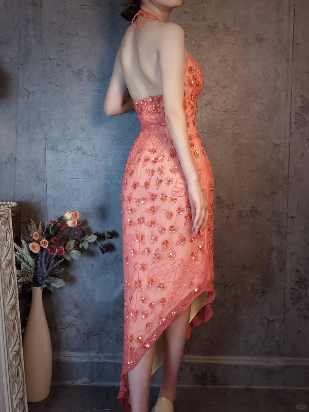 Vintage Dark Peach Sheath Chiffon Beaded Prom Dresses, V-Neck Glamour Evening Gowns ED03353