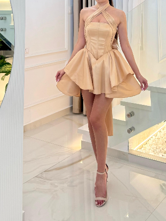 Glamour Champagne A-Line Satin Short Prom Dresses, Halter Fashion Party Dress ED03361