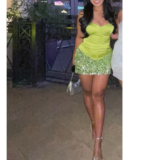 Chic Green Strapless Bodycon Satin Short Party Dresses, Fashion Birthday Dresses with Sequins ED03365