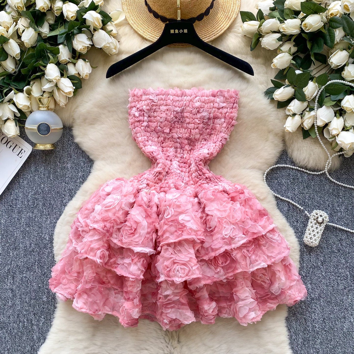 Fashion Rococo Pink Strapless Tulle Applique Short Ball Gown, Sweet 16 Dress ED03367