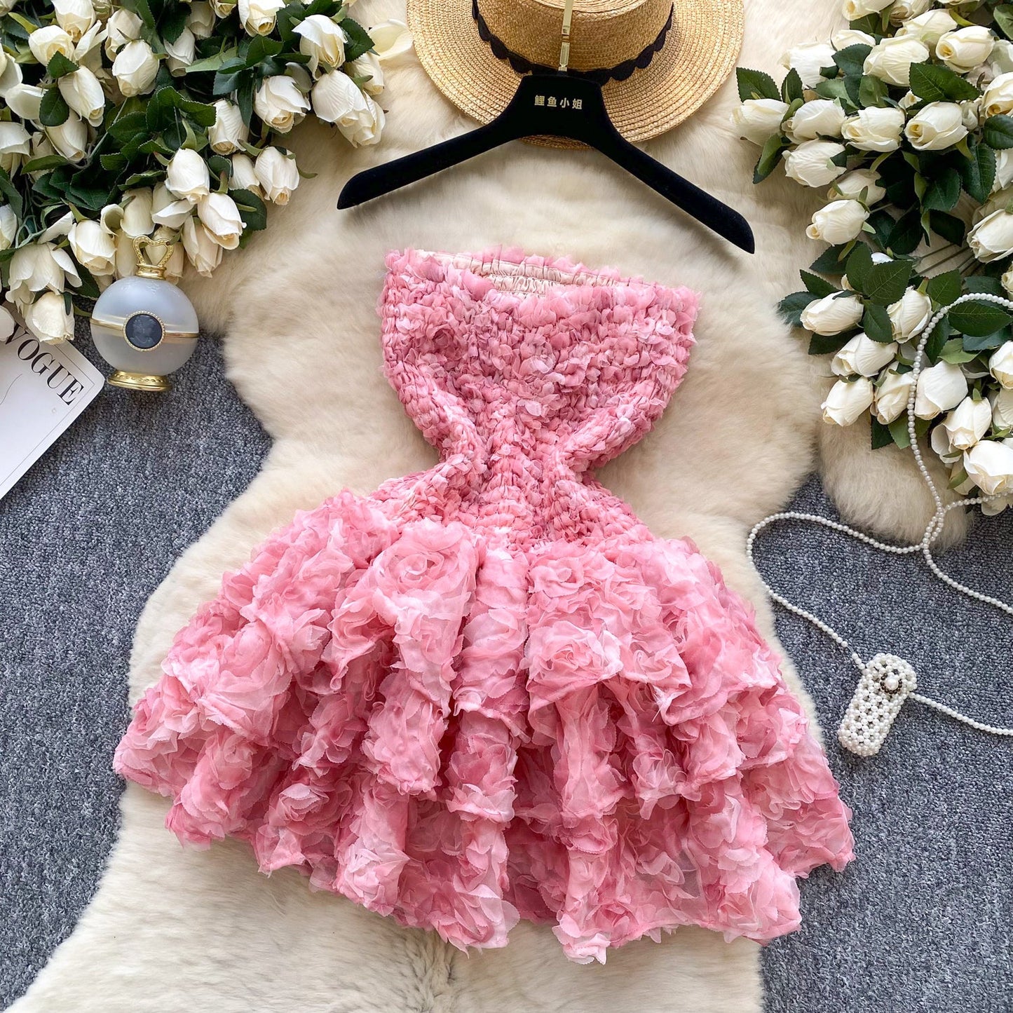 Fashion Rococo Pink Strapless Tulle Applique Short Ball Gown, Sweet 16 Dress ED03367