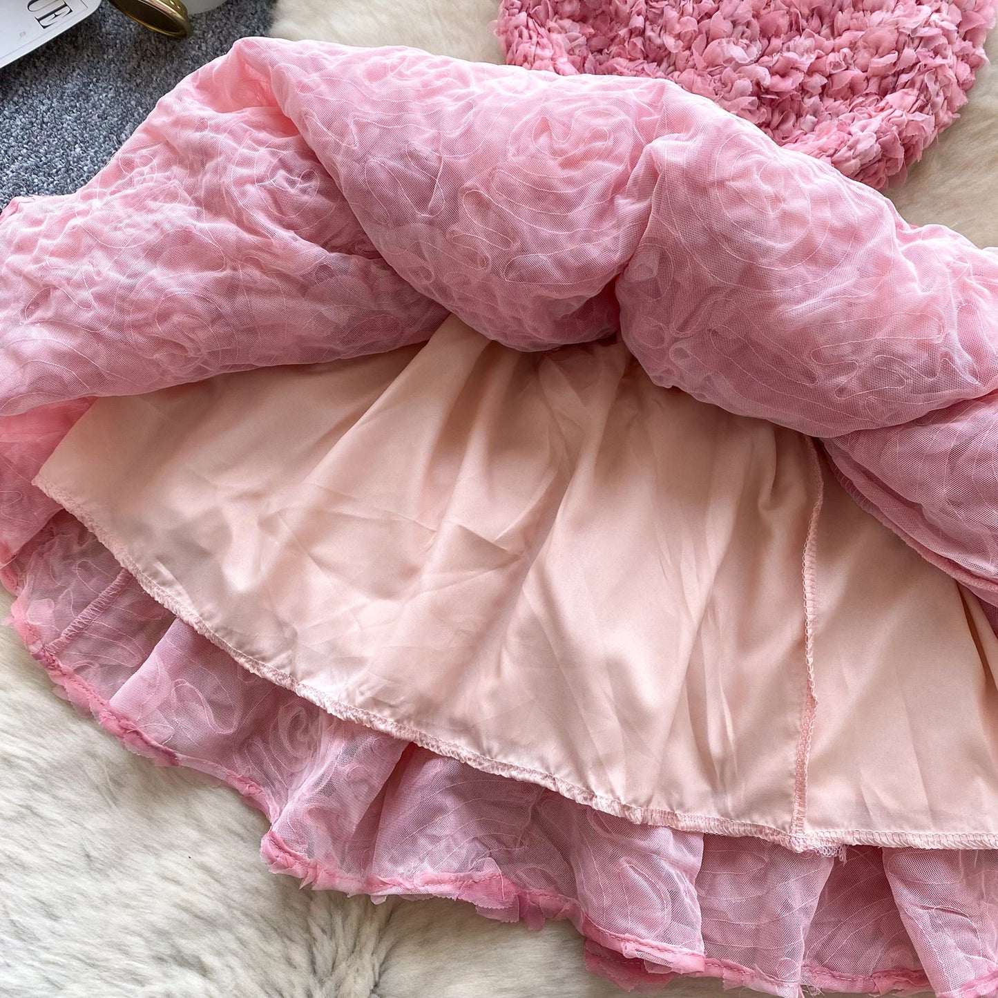 Fashion Rococo Pink Strapless Tulle Applique Short Ball Gown, Sweet 16 Dress ED03367