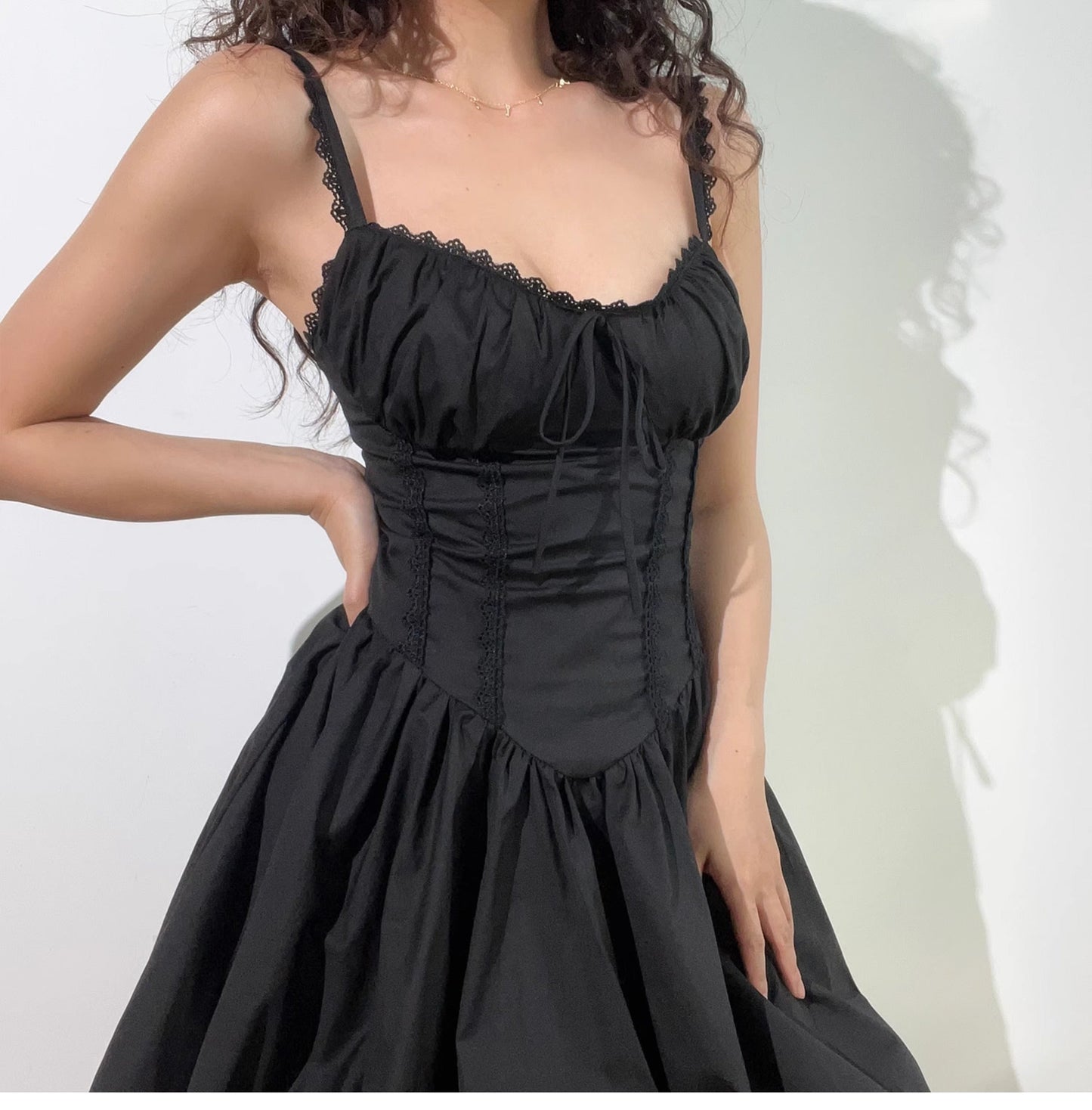 Chic Black Spaghetti Strap A-Line Lace Short Outdoor Party Dress, Summer Fashion Outfit ED03368