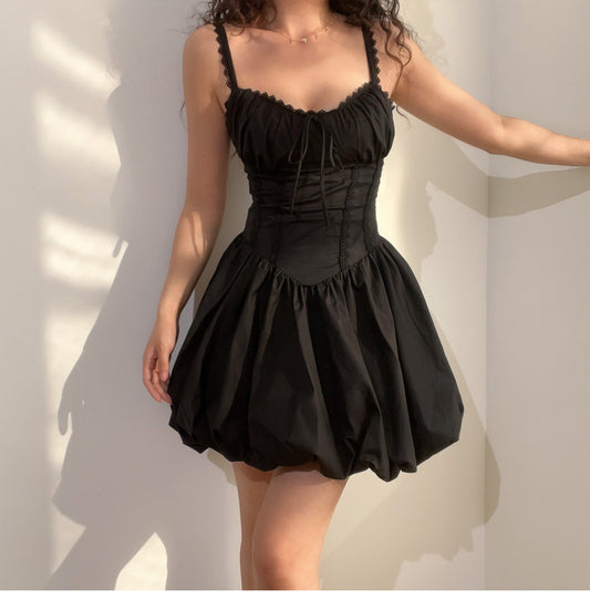Chic Black Spaghetti Strap A-Line Lace Short Outdoor Party Dress, Summer Fashion Outfit ED03368