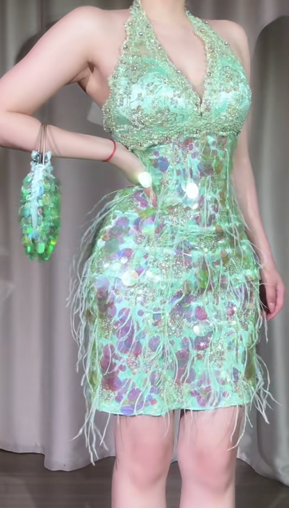 Vintage Green Halter Sheath Beaded Sequin Chiffon Short Prom Dresses ED03370