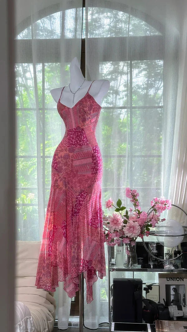 Pink Print Floral Mermaid Spaghetti Straps Chiffon Prom Dress Evening Dress SH3782