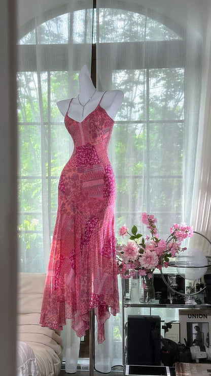 Pink Print Floral Mermaid Spaghetti Straps Chiffon Prom Dress Evening Dress SH3782