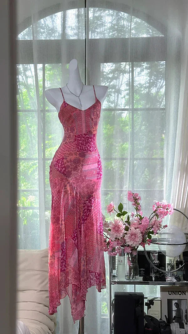 Pink Print Floral Mermaid Spaghetti Straps Chiffon Prom Dress Evening Dress SH3782