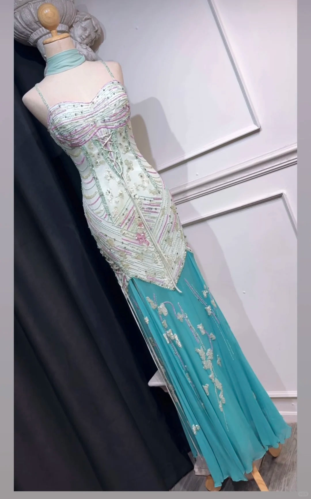 Vintage Tiffany Blue Spaghetti Strap Sheath Beaded Chiffon Long Prom Dresses, Formal Elegant Evening Gowns ED03374