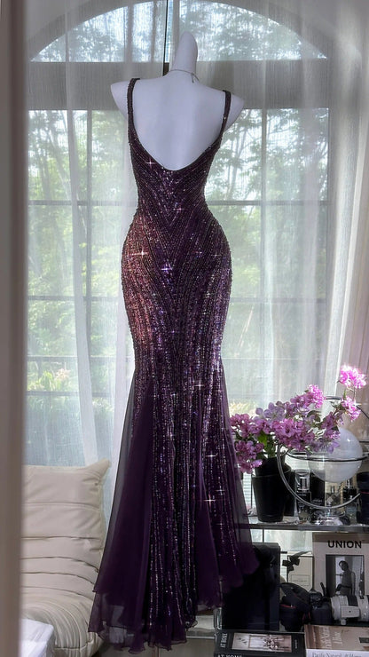 Glamour Dark Purple V-Neck Mermaid Beaded Chiffon Long Stunning Prom Dresses, Formal Evening Gowns ED03375