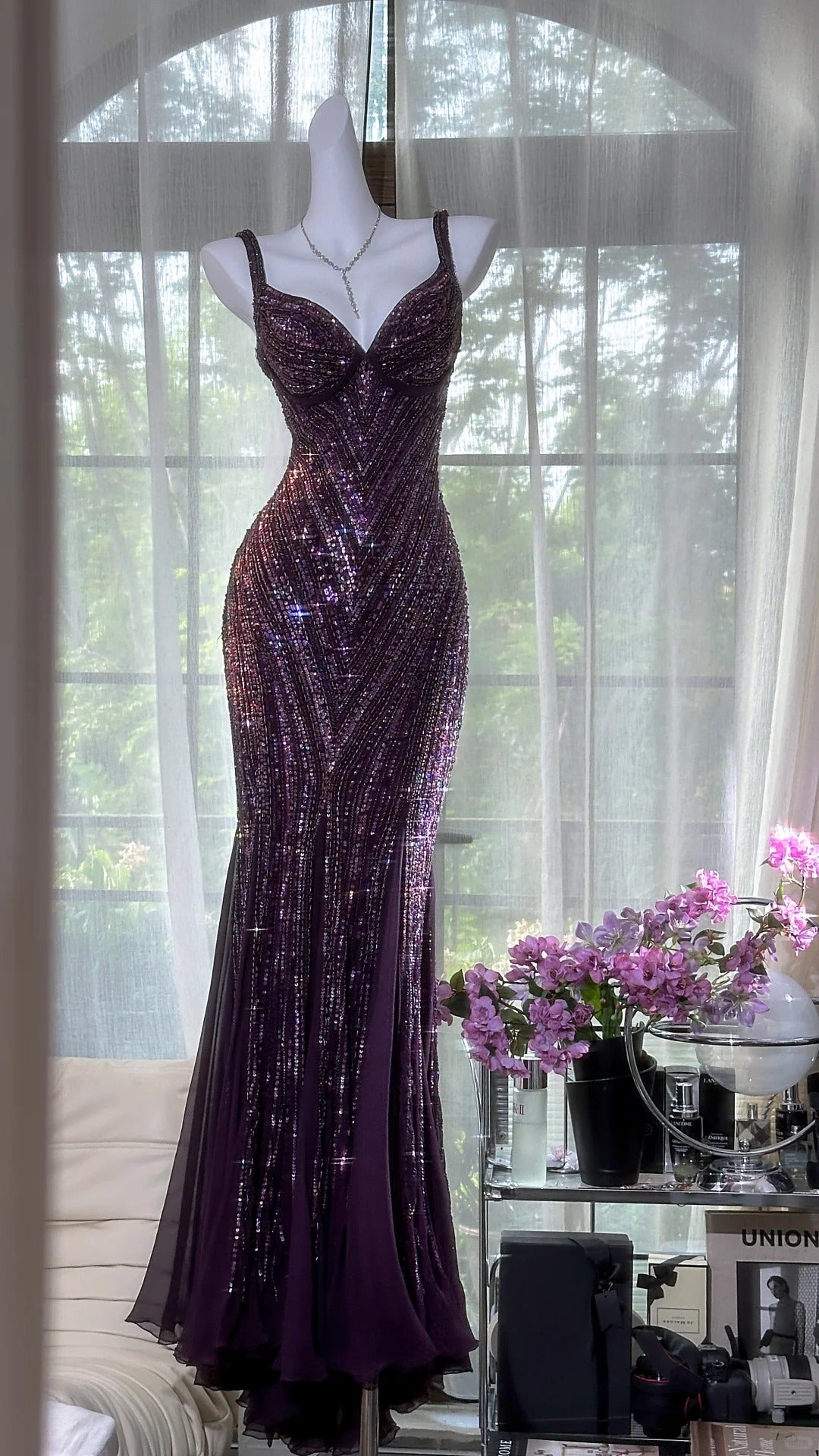 Glamour Dark Purple V-Neck Mermaid Beaded Chiffon Long Stunning Prom Dresses, Formal Evening Gowns ED03375