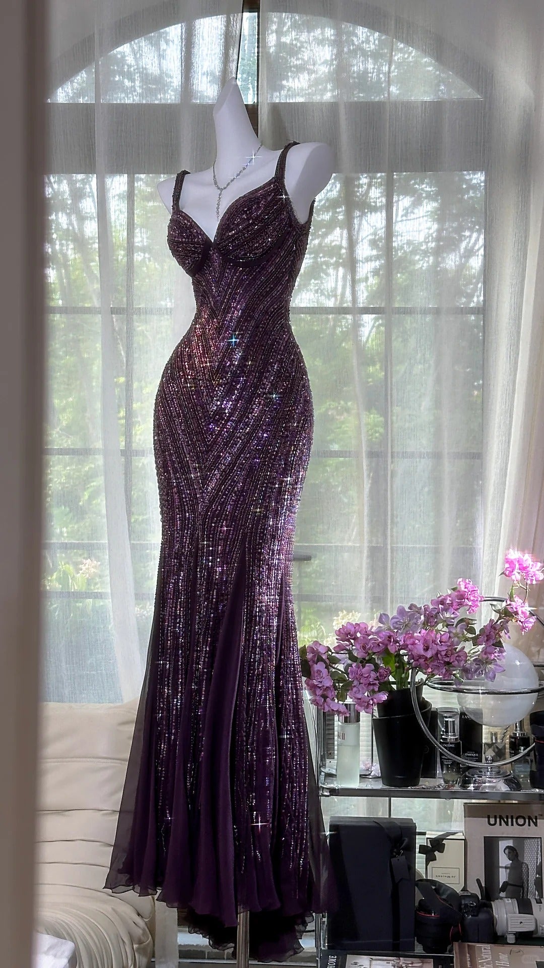 Glamour Dark Purple V-Neck Mermaid Beaded Chiffon Long Stunning Prom Dresses, Formal Evening Gowns ED03375