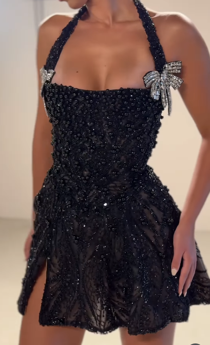 Fashion Halter Neck A-Line Beaded Tulle Short Prom Dresses, Black Back to School Outfits ED03378