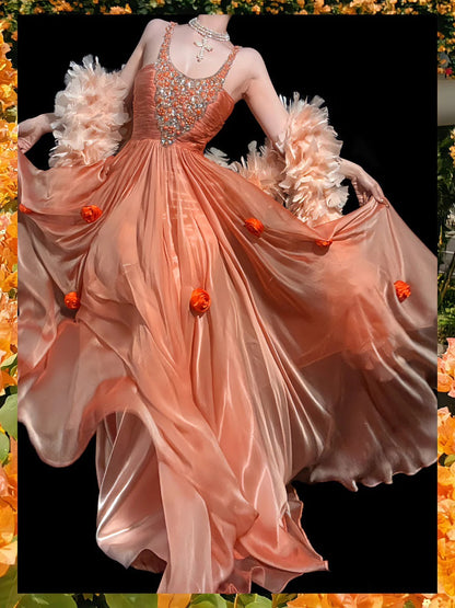 Fairytale Orange Tulle A-Line Beaded Tulle Long Prom Dresses, Sweet 16 Dress ED03379