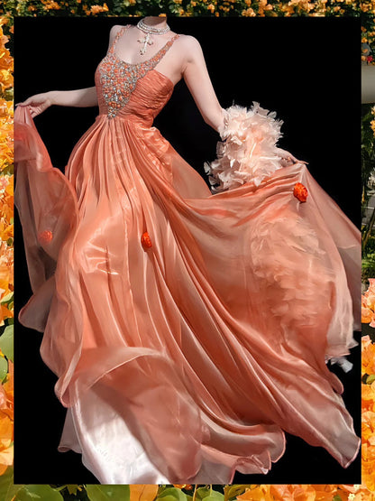 Fairytale Orange Tulle A-Line Beaded Tulle Long Prom Dresses, Sweet 16 Dress ED03379