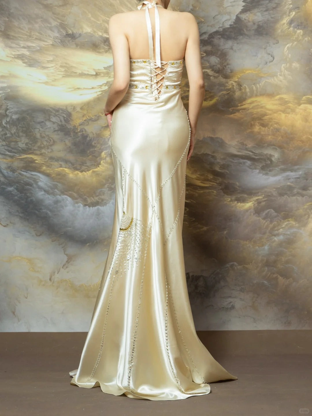 Elegant Light Champagne Sheath Halter Beaded Satin Long Prom Dresses, Vintage Formal Evening Gowns ED03380